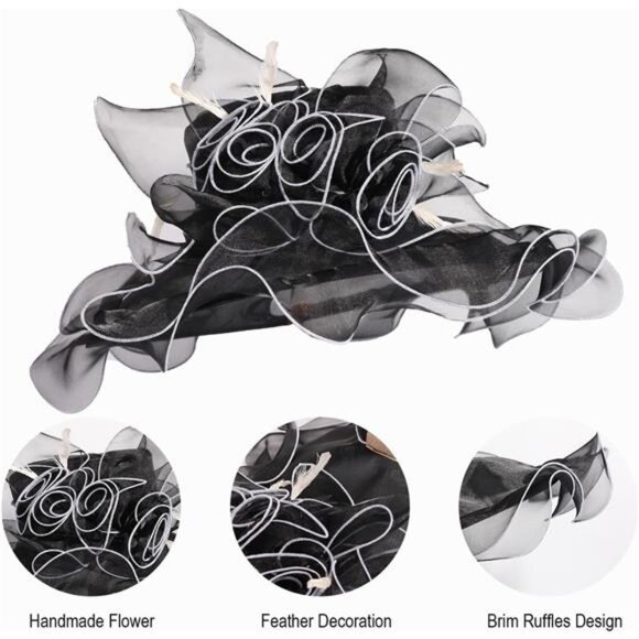 Women Sun Hat Church Wide Brim Black White - Picture 5 of 7